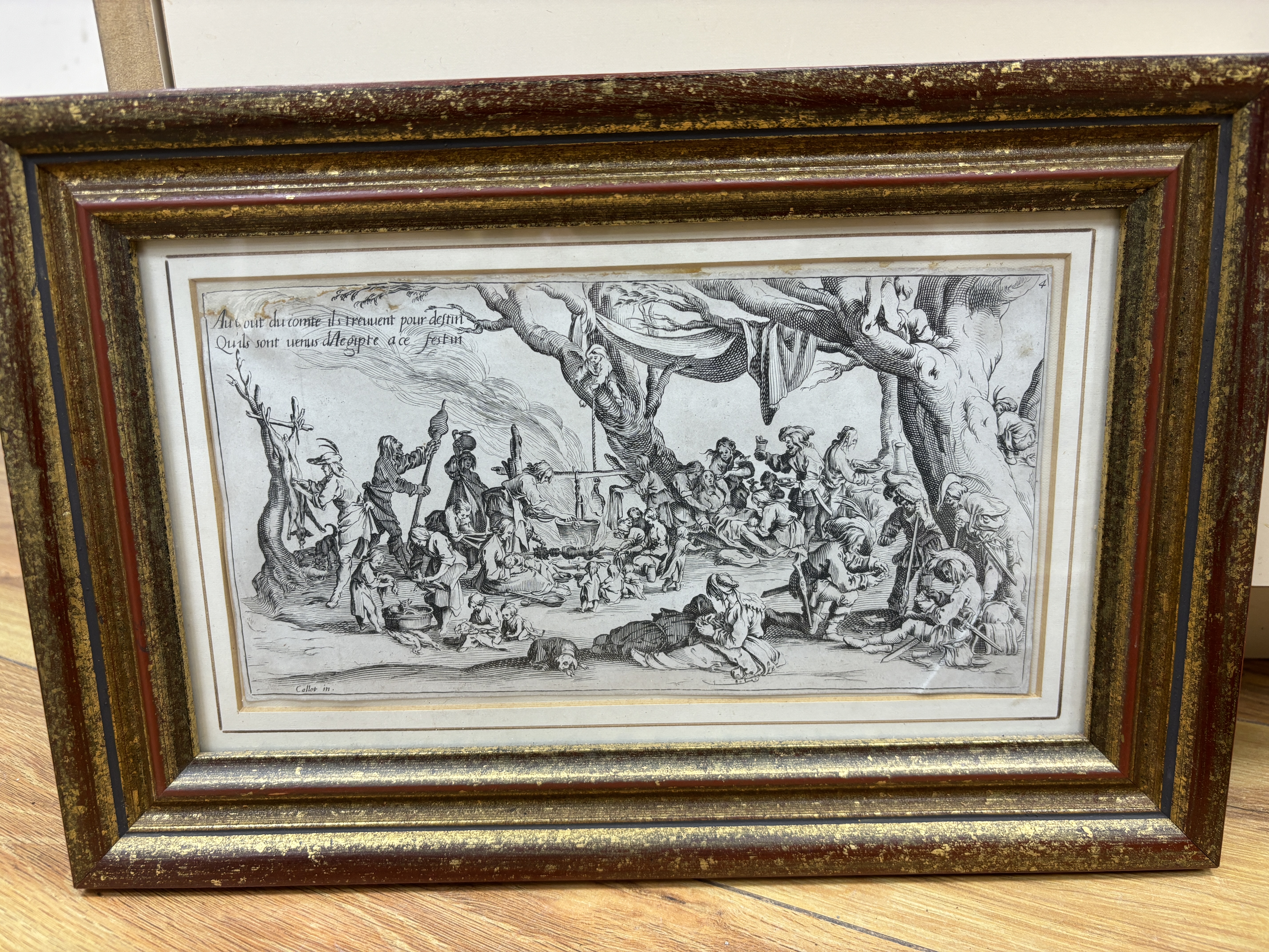 After Jacques Callot (French, 1592-1635), set of four etchings, ‘Les Bohemiens’, signed in plate, each 12 x 23cm